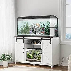 Farmhouse 55 to 75 Gallon Fish Tank Stand with Power Outlet Storage Cabinet and Sliding Barn Door Heavy Duty