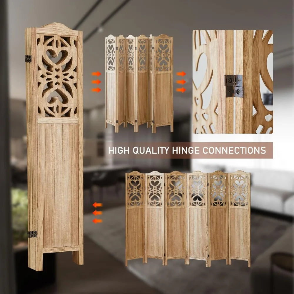 6 Panel Room Divider Fully Assembled Carved Wood Screen