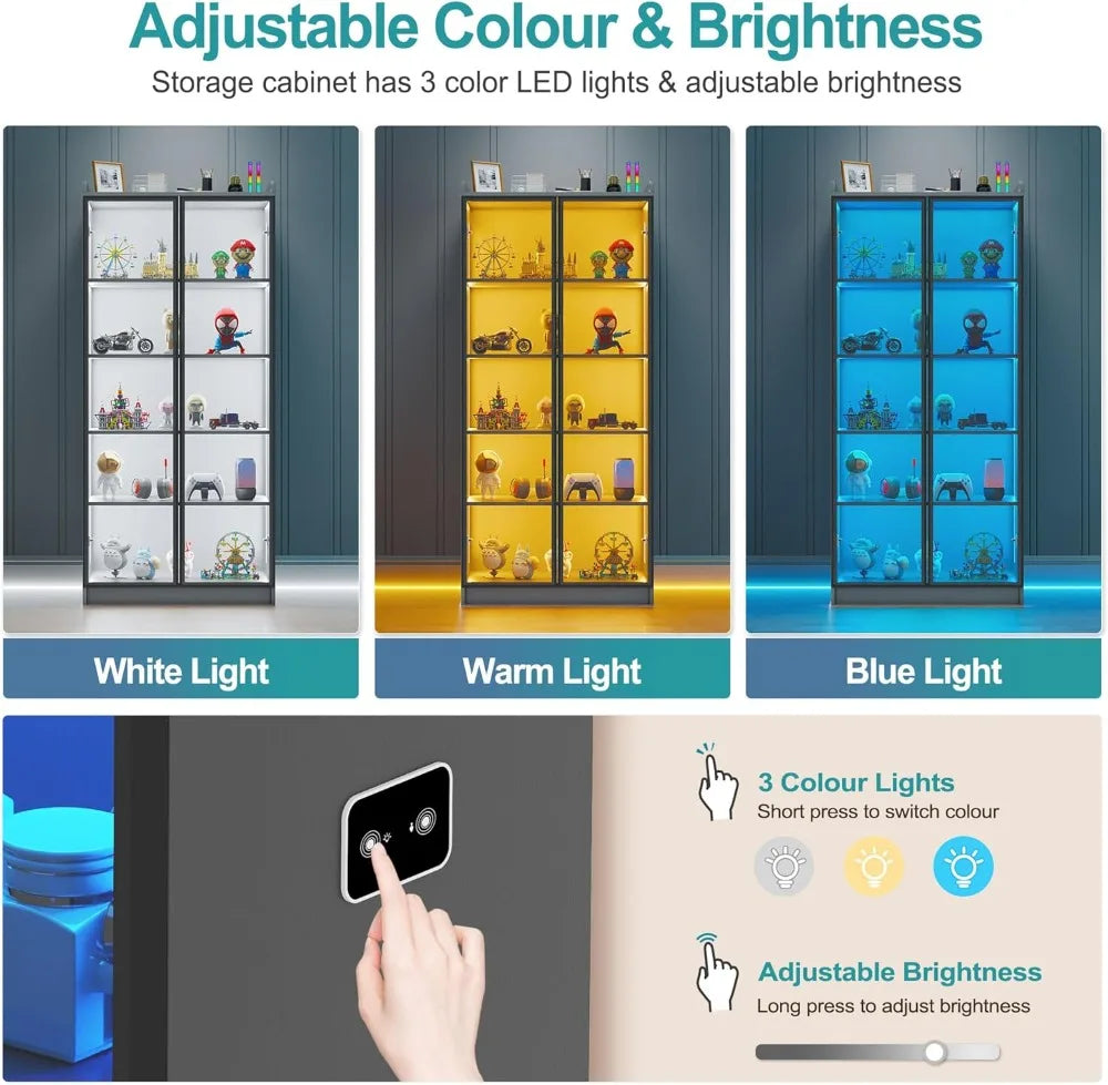 65 Inch Display Cabinet with Lights and Adjustable Shelves