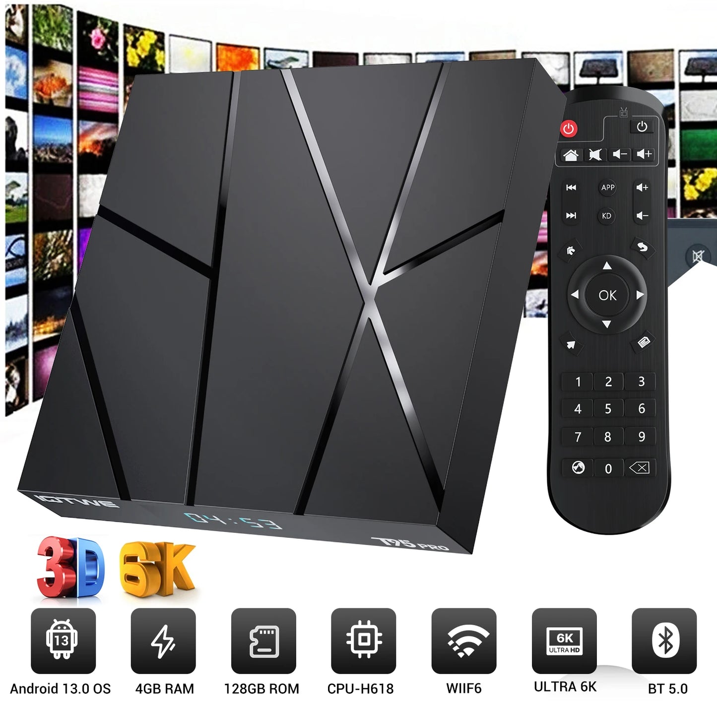 Android 13 H618 T95Pro Smart TV Box 4GB RAM 128GB Storage Quad Core 6K HD Media Player WiFi 6 Bluetooth 5.0