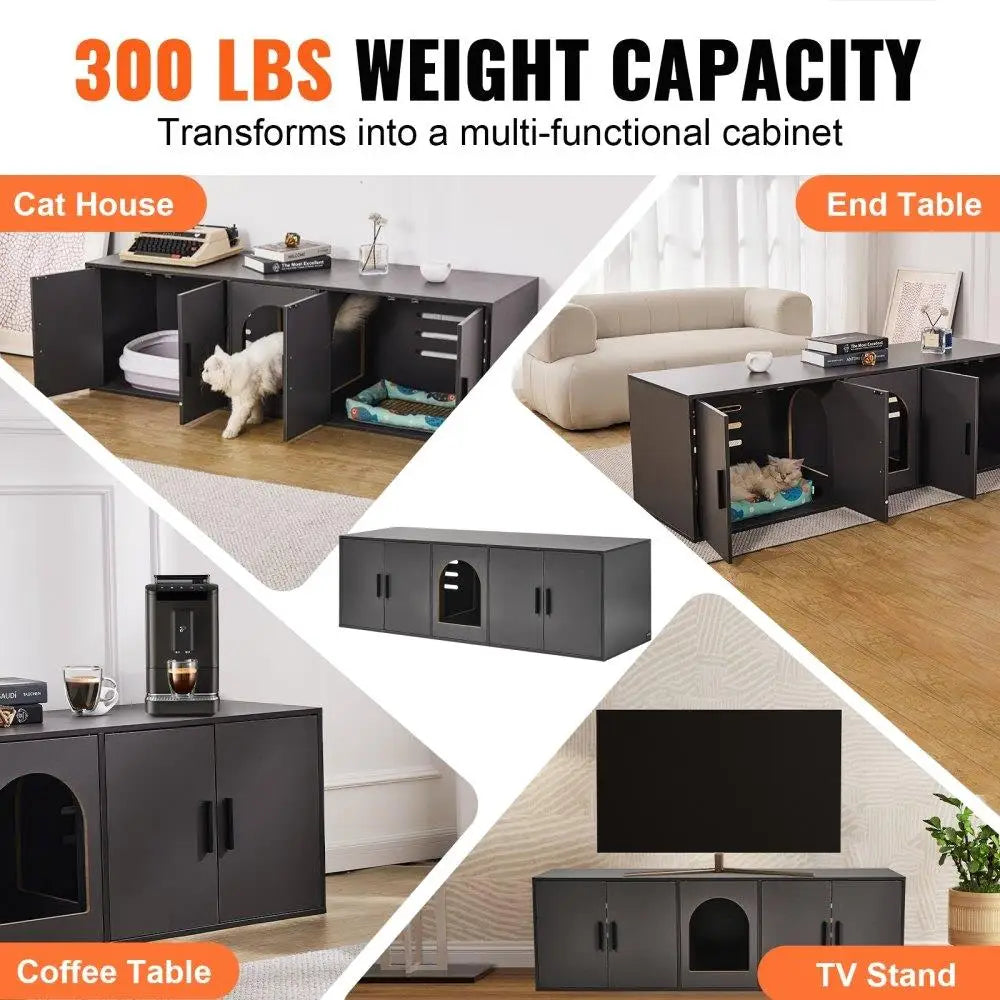 Cat Litter Box Furniture Solid Wood Extra Large 57.9 Inch Black Color