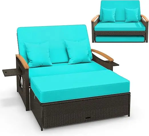 Patio Rattan Daybed Set with Cushioned Loveseat and Storage Ottoman Outdoor Double Chaise Lounger with Adjustable Back