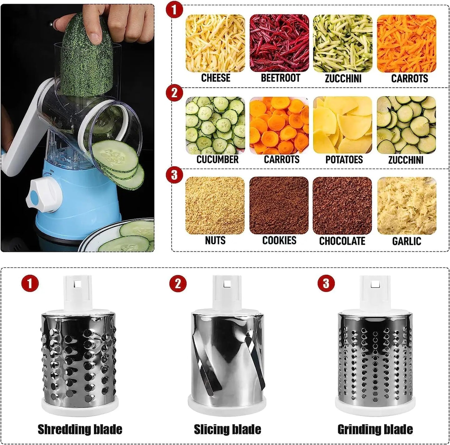 Fruit And Vegetable Tools Rotary Cheese Grater 3 In 1