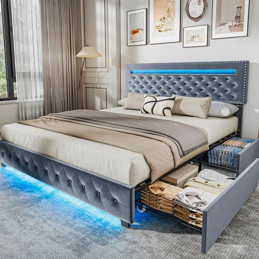 BedsPick Queen Size Bed Frame with LED Lights, Velvet Upholstered Platform Queen Bed Frame with 4 Storage Drawers and Adjustable