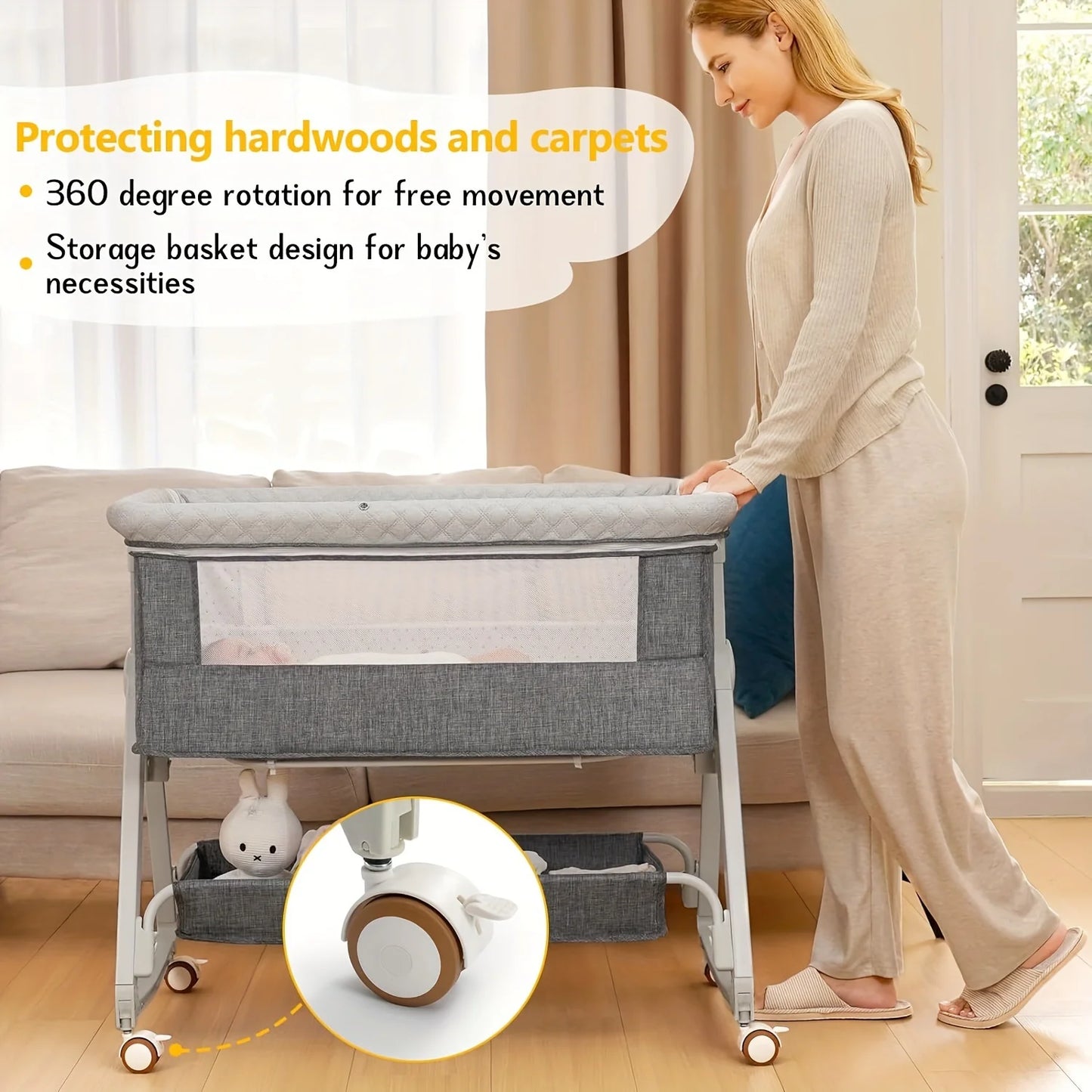 Baby Bassinet Bedside Sleeper 3 in 1 Portable Bassinet with Wheels