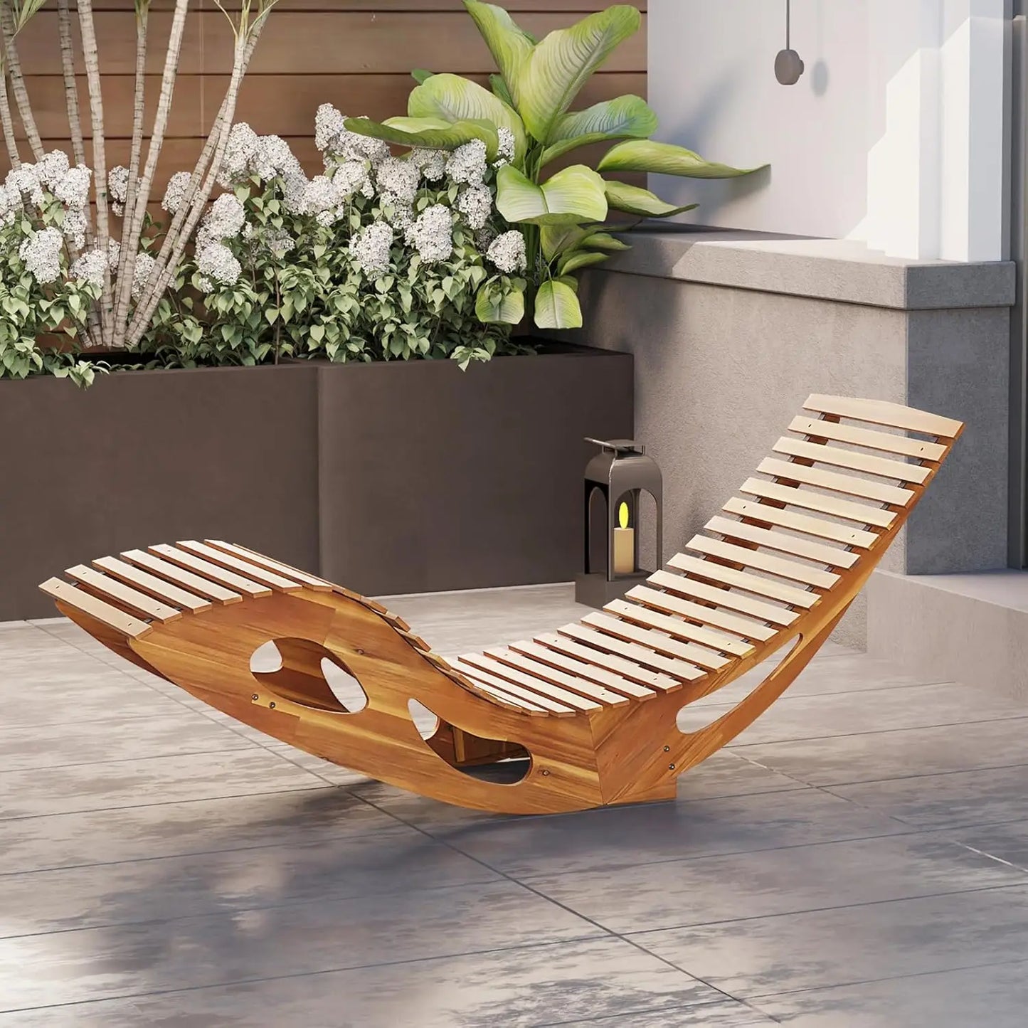 Outdoor Acacia Wood Rocking Chaise Lounge Chair Set of 2 with Slatted Backrest and Seat