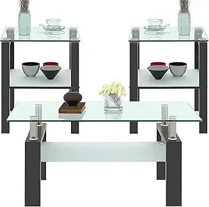 Glass Coffee Table 3-Piece Set With Metal Frames End Tables