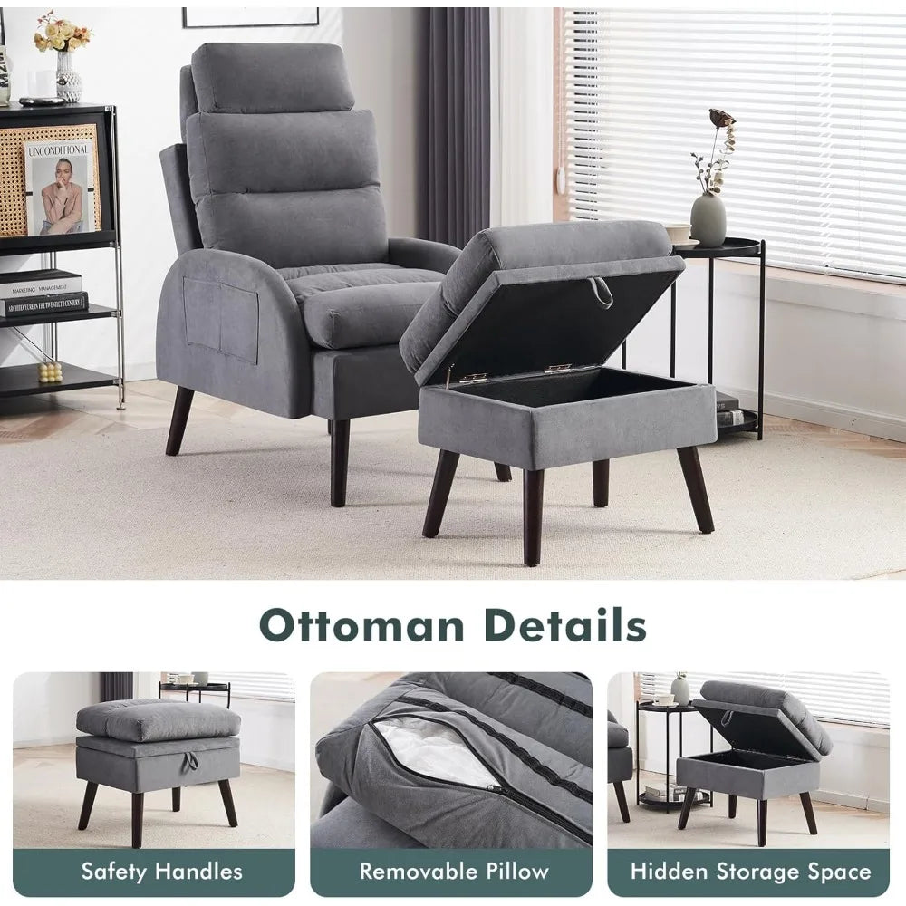 ZHUXIANG Velvet Accent Chair With Ottoman And Adjustable Backrest