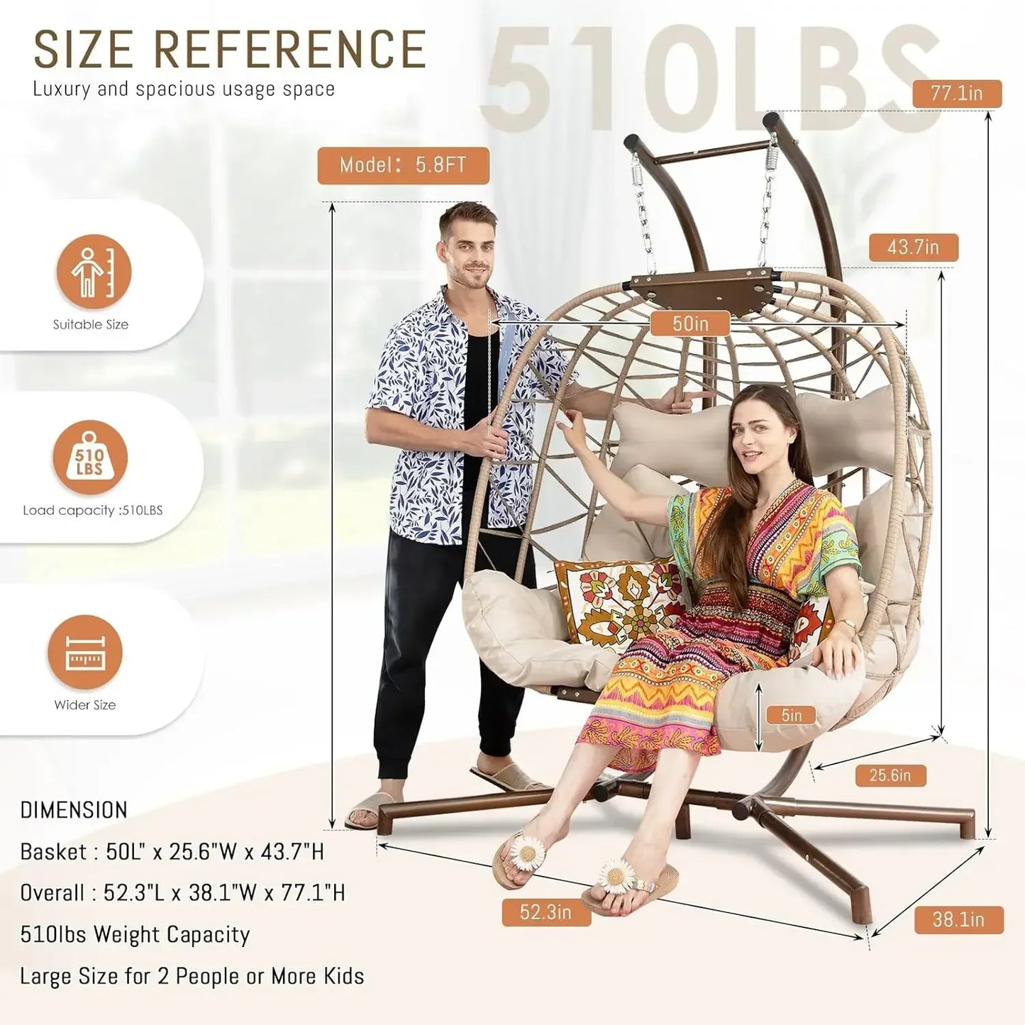 XMSJ Luxury Wicker Hanging Egg Chair With Stand And Cushion