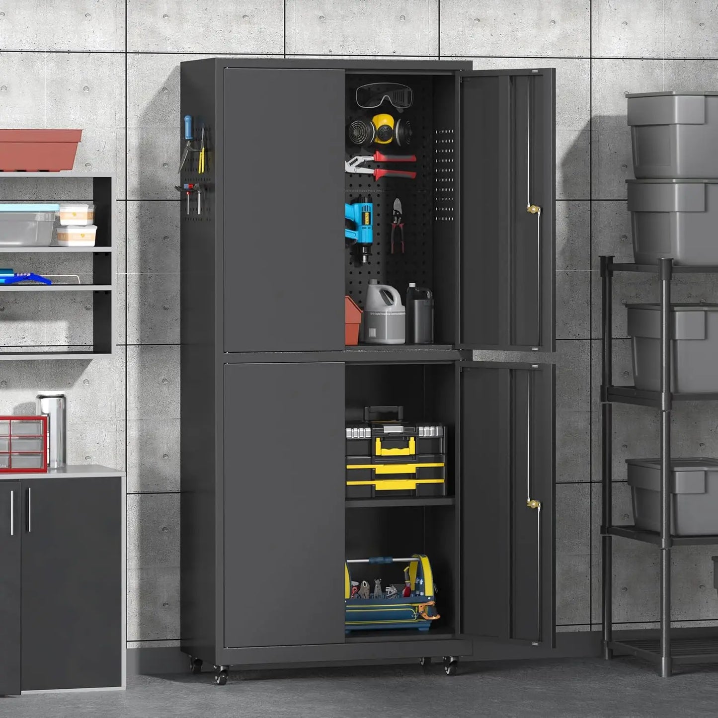 Heavy Duty Metal Tool Cabinet Locking Wheels Four Doors