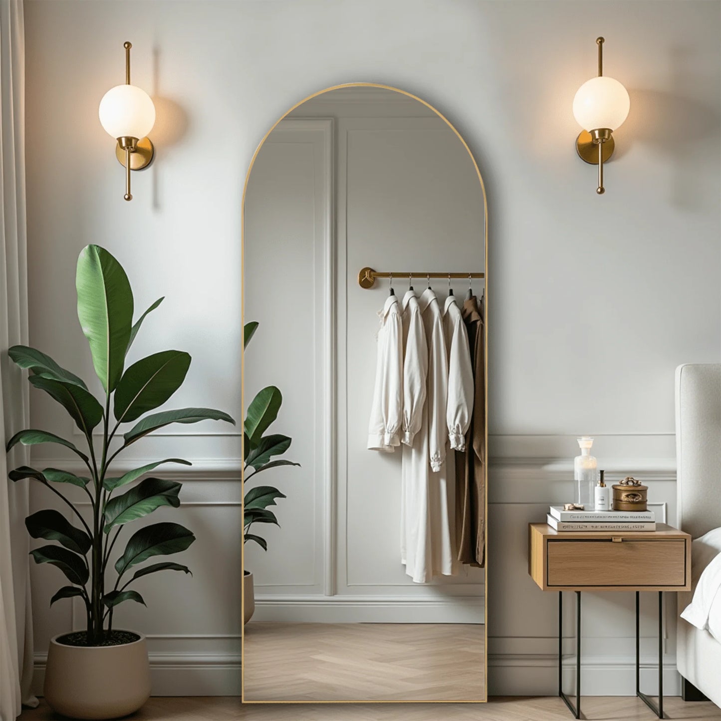 59 Inch Arched Full Length Floor Mirror with Bracket Aluminum Alloy Gold Finish