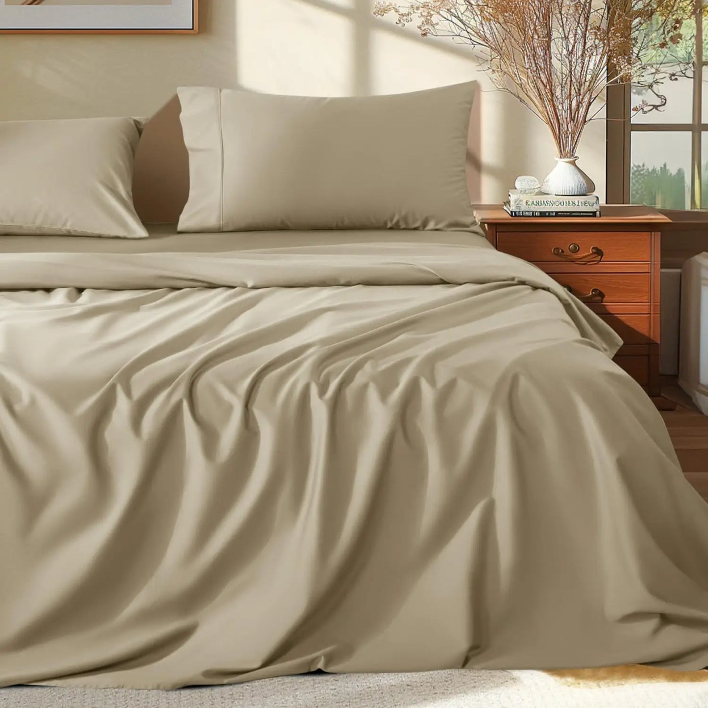 100 Percent Egyptian Cotton Queen Size Sheets Set 1000 Thread Count Luxury Breathable Cooling Bedding 16 Inch Deep Pocket 4 Piece Set