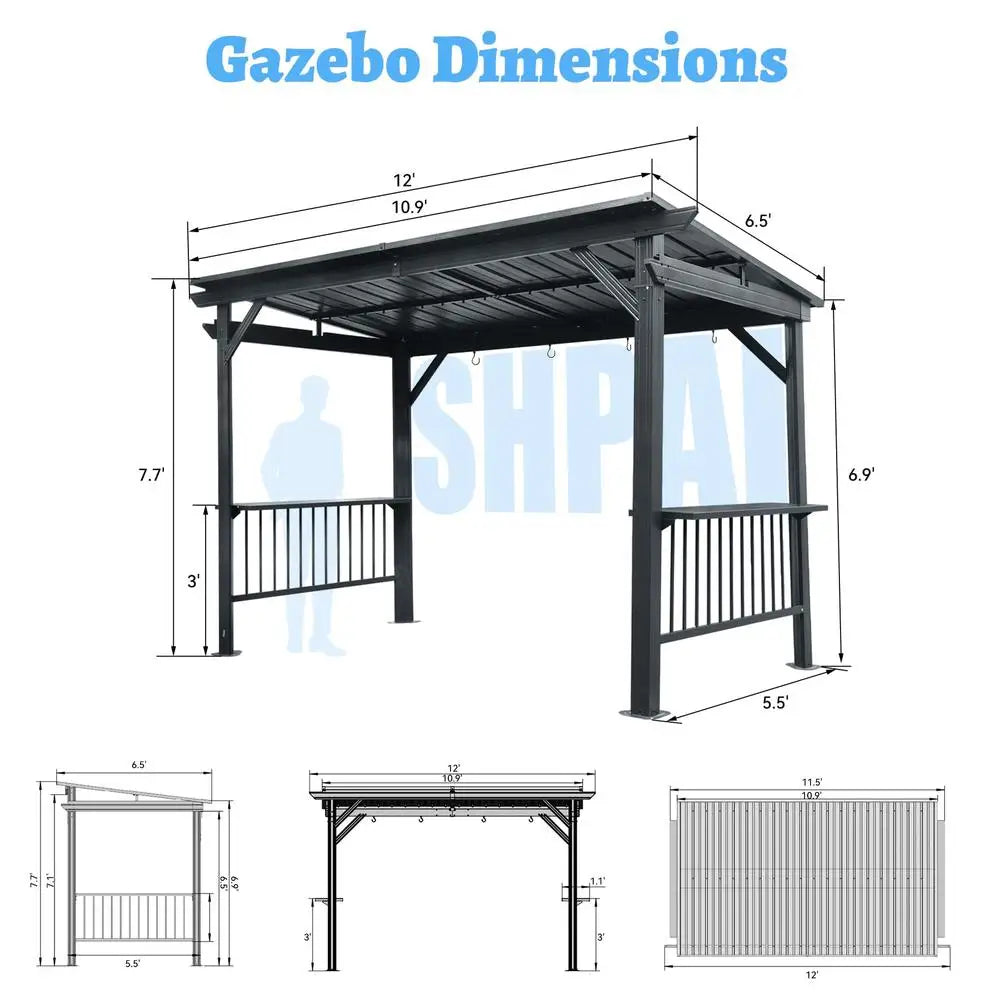 6.5x12FT Hardtop Grill Gazebo All Weather BBQ Shelter with Side Shelves Ceiling Hooks Galvanized Steel Frame for Outdoor Parties