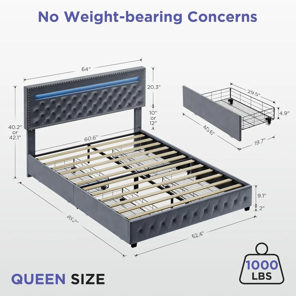 BedsPick Queen Size Bed Frame with LED Lights, Velvet Upholstered Platform Queen Bed Frame with 4 Storage Drawers and Adjustable