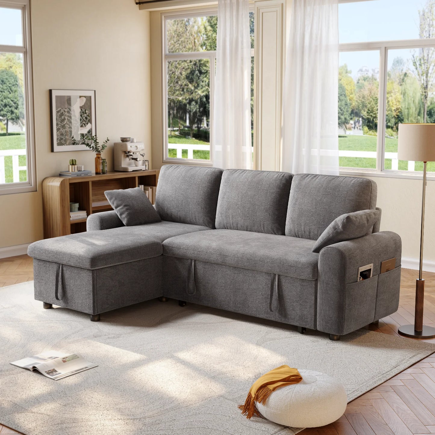 ONBRILLCN L Shaped Sleeper Sofa With Pullout Bed Storage Chaise