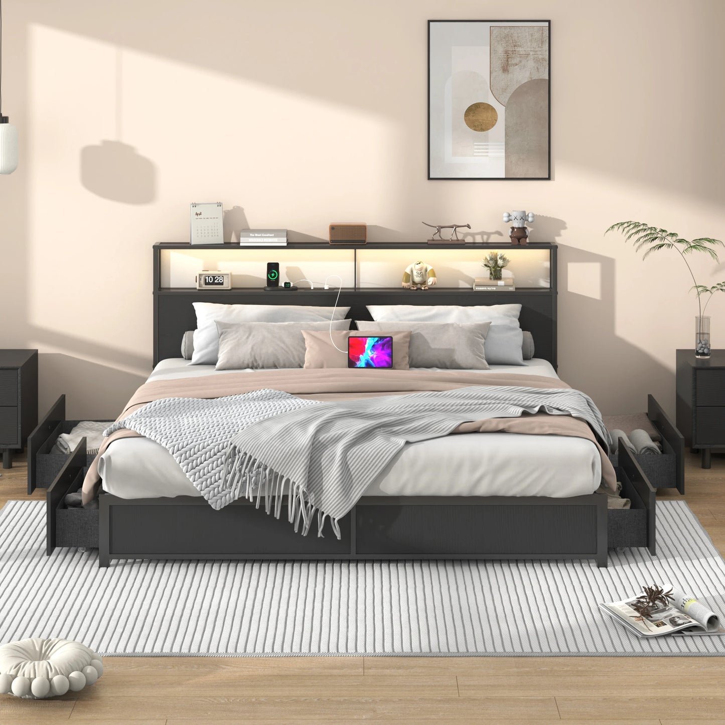 QiaoShiRen LED Bed Frame With Headboard Storage Drawers