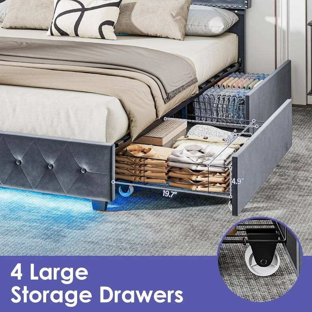 BedsPick Queen Size Bed Frame with LED Lights, Velvet Upholstered Platform Queen Bed Frame with 4 Storage Drawers and Adjustable