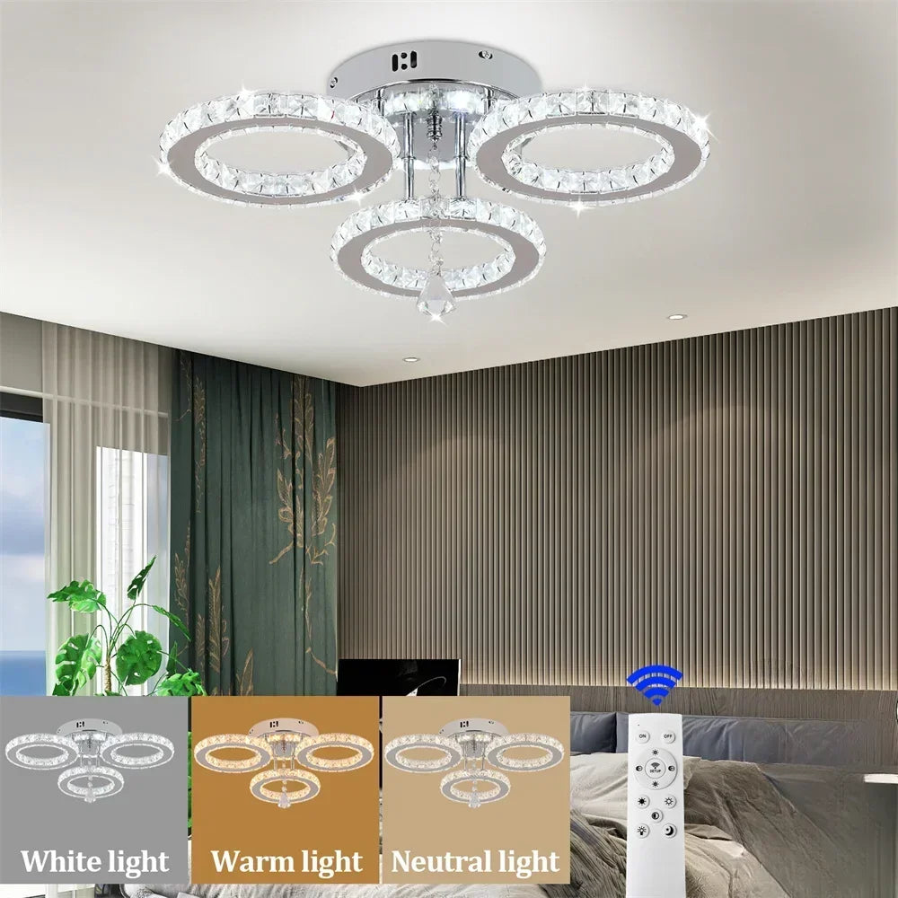Modern Crystal Chandelier App Dimmable Ceiling Light Fixture Rings Shape Flush Mount for Bedroom Living Room